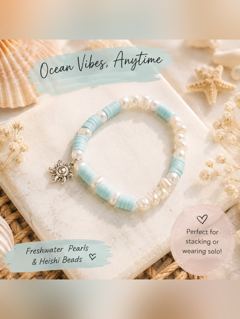 Hand Crafted Aqua and White Freshwater Pearl & Heishi Bracelet Silver Sun Charm